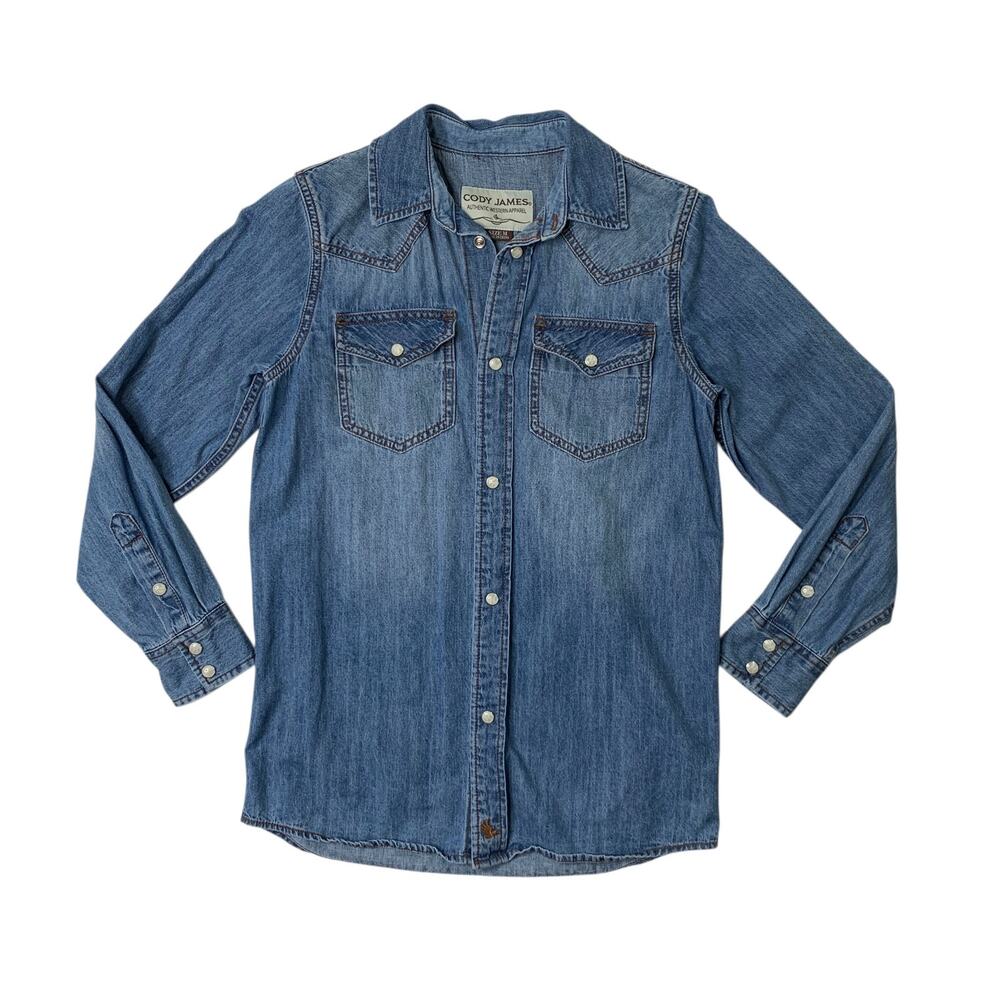 Cody James Shirt Boys M Medium Denim Western Flap Pockets Pearl Snap Buttons
